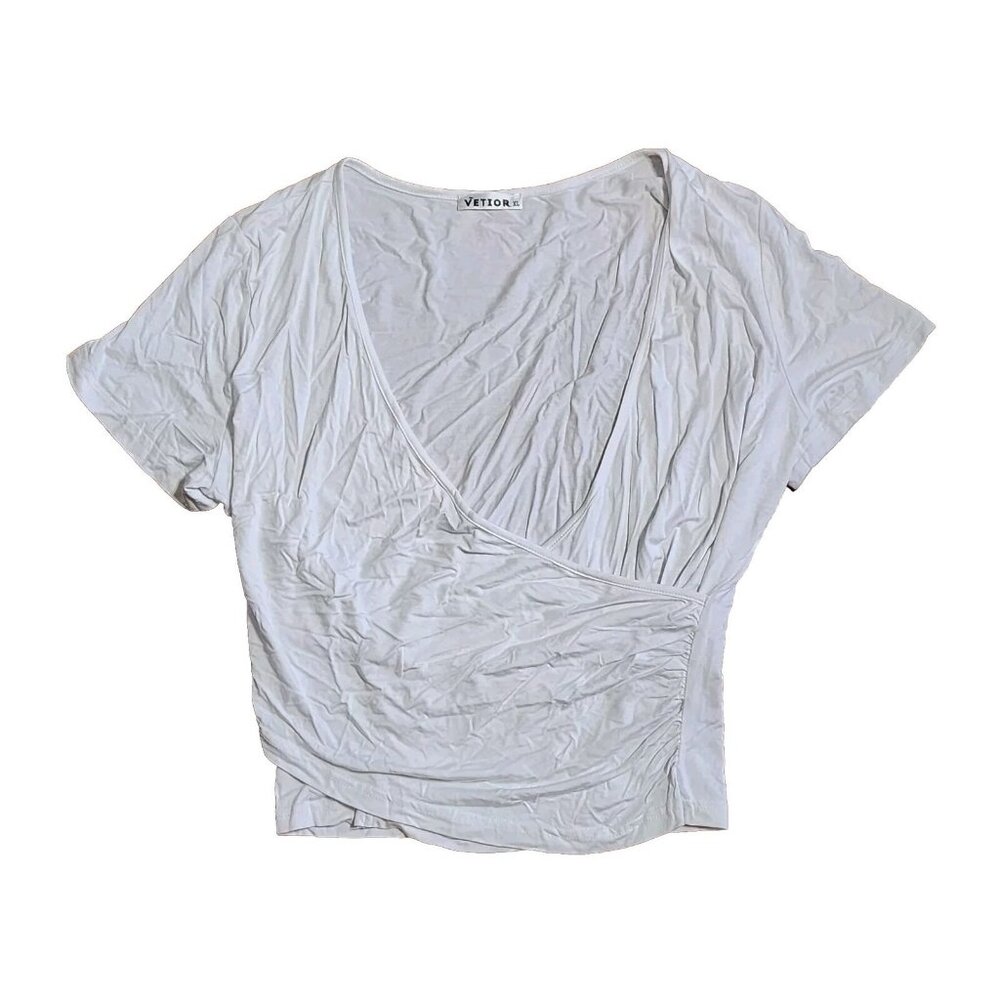 VETIOR Solid All White Short Sleeve Surplice Crop Top Shirt Womens‎ Size XL